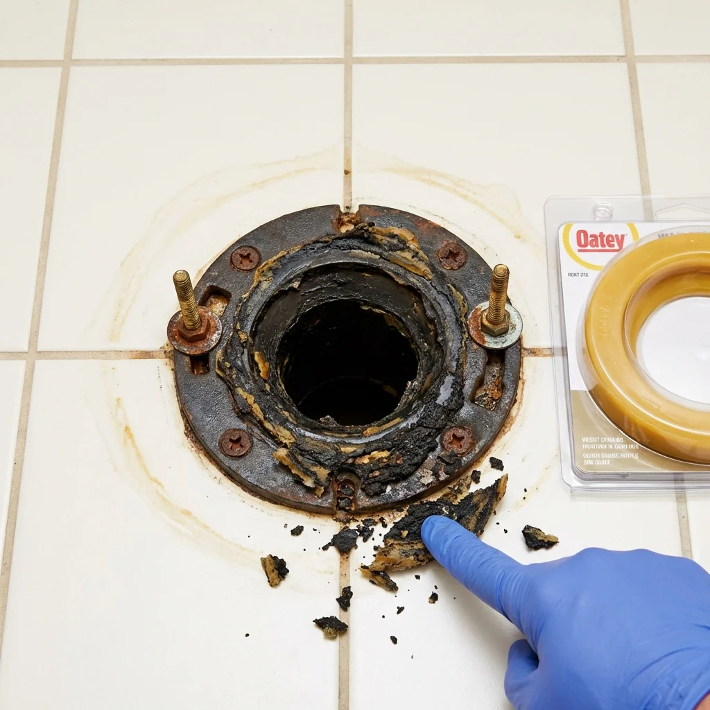 Failed wax ring showing water seepage at the base of a toilet in a Tiffin, OH home