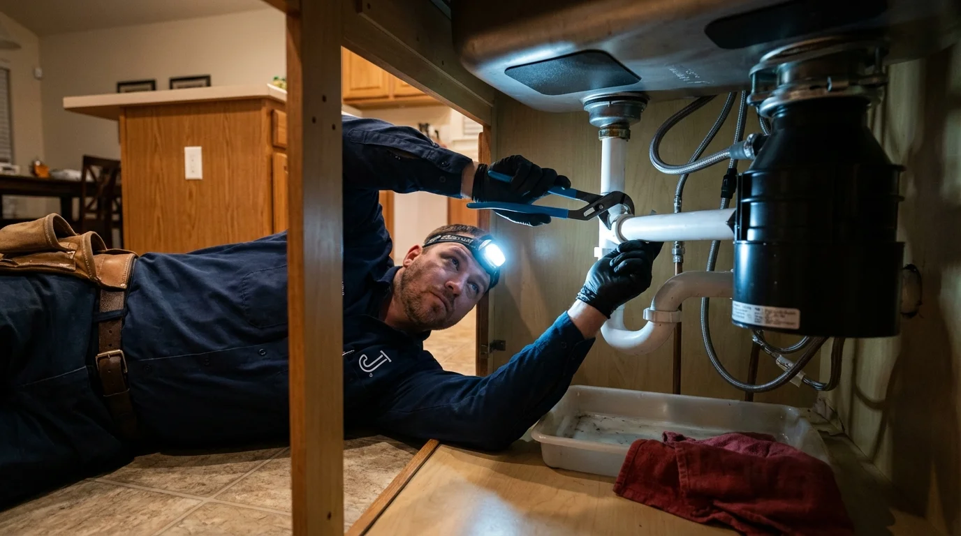 P-trap and supply line connections under a kitchen sink showing a common leak point in Tiffin, OH